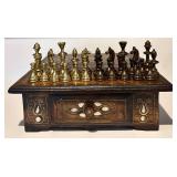 FR - Vintage Wooden Chess Set with Mother of Pearl Inlay and Brass Pieces