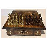 FR - Vintage Wooden Chess Set with Mother of Pearl Inlay and Brass Pieces