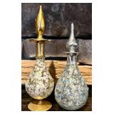 FR - Set of 2 Vintage Etched Frosted Glass Perfume Bottles with Floral Motif