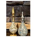 FR - Set of 2 Vintage Etched Frosted Glass Perfume Bottles with Floral Motif