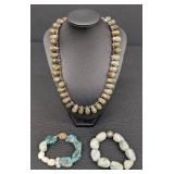 Green Stone Necklace & Two Bracelets Set - 18-inch Necklace, Teal & Pale Blue Beads