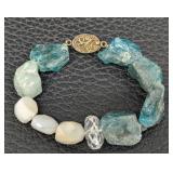 Green Stone Necklace & Two Bracelets Set - 18-inch Necklace, Teal & Pale Blue Beads