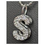 Sterling Silver Letter S Necklace - Crystal-Studded Pendant, 16-inch Chain