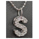 Sterling Silver Letter S Necklace - Crystal-Studded Pendant, 16-inch Chain