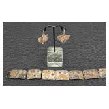 Sterling Silver Earrings & Bracelet Set - Hammered Panels with Cabochons