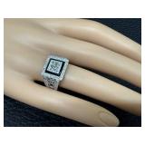18K White Gold Diamond Ring with Onyx Inlay - Square Center Cluster