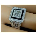 18K White Gold Diamond Ring with Onyx Inlay - Square Center Cluster