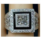 18K White Gold Diamond Ring with Onyx Inlay - Square Center Cluster
