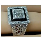 18K White Gold Diamond Ring with Onyx Inlay - Square Center Cluster