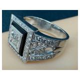 18K White Gold Diamond Ring with Onyx Inlay - Square Center Cluster