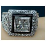 18K White Gold Diamond Ring with Onyx Inlay - Square Center Cluster