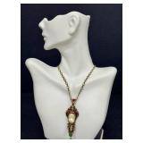 Vintage Pendant Necklace with Pearl Center & Multi-Gem Accents