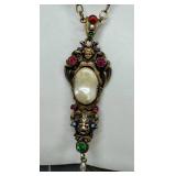 Vintage Pendant Necklace with Pearl Center & Multi-Gem Accents
