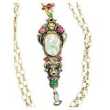 Vintage Pendant Necklace with Pearl Center & Multi-Gem Accents