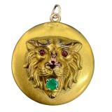 Antique Victorian Lion Head Locket With Green Center Stone