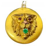 Antique Victorian Lion Head Locket With Green Center Stone