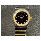 Concord Quartz Watch - Diamond Crystal Bezel, Black Dial, Vintage Two-Tone Case