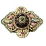 Sorrelli Vintage Brooch - Green Cabochon Center, Pink Accents, Floral Gold-Tone