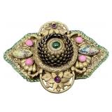 Sorrelli Vintage Brooch - Green Cabochon Center, Pink Accents, Floral Gold-Tone