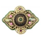 Sorrelli Vintage Brooch - Green Cabochon Center, Pink Accents, Floral Gold-Tone