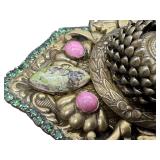 Sorrelli Vintage Brooch - Green Cabochon Center, Pink Accents, Floral Gold-Tone