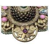 Sorrelli Vintage Brooch - Green Cabochon Center, Pink Accents, Floral Gold-Tone