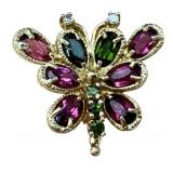 14k Gold Butterfly Brooch - Multicolor Gemstones