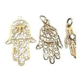 Gold and Gold-Tone Hamsa Pendants Lot of 4 - Filigree Hands + Green Chai Pendant