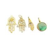 Gold and Gold-Tone Hamsa Pendants Lot of 4 - Filigree Hands + Green Chai Pendant