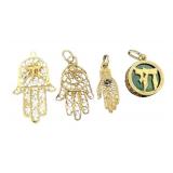 Gold and Gold-Tone Hamsa Pendants Lot of 4 - Filigree Hands + Green Chai Pendant