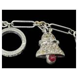 Vintage Rhinestone Charm Bracelet 8 in - Bells, Elephant & Cat Charms