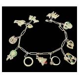 Vintage Rhinestone Charm Bracelet 8 in - Bells, Elephant & Cat Charms