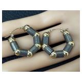 Pair 14K Gold Hoop Earrings - Textured Gray Cylinders
