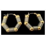 Pair 14K Gold Hoop Earrings - Textured Gray Cylinders