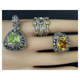 Green Gem Pendant & 3 Gem Rings - 4-Piece Fashion Jewelry Set