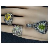 Green Gem Pendant & 3 Gem Rings - 4-Piece Fashion Jewelry Set