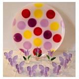 LR - Polka Dot Glass Platter with Acrylic Flowers & Napkin Rings Centerpiece Set