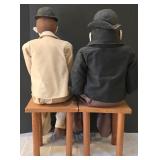 LR - Laurel & Hardy Ventriloquist Dummies with Benches - Vintage Display Set