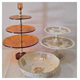 LR - Porcelaines de France Hand Painted 9-Inch Bowl, Amber 3-Tier Stand & 2-Tier Cake Stand Set