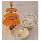 LR - Porcelaines de France Hand Painted 9-Inch Bowl, Amber 3-Tier Stand & 2-Tier Cake Stand Set