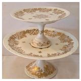 LR - Porcelaines de France Hand Painted 9-Inch Bowl, Amber 3-Tier Stand & 2-Tier Cake Stand Set