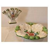 LR - Vintage Ceramic Bowl & Five-Finger Bud Vase - Hand-Painted Floral Set