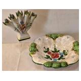 LR - Vintage Ceramic Bowl & Five-Finger Bud Vase - Hand-Painted Floral Set