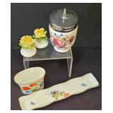 LR - Antique Floral Porcelain Dinnerware Lot - Austrian Platter, German Bowl, French Covered Casserole