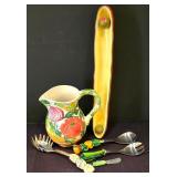 LR - Hand-Painted Italian Pitcher with Fruit & Vegetable Motif, Olive Tray & Veggie-Handled Utensils