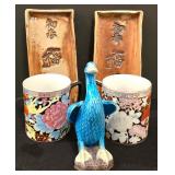 LR - Floral Vintage Chinese Porcelain Mugs, 2 Rectangular Trays & Blue Goose Figurine