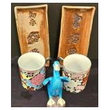 LR - Floral Vintage Chinese Porcelain Mugs, 2 Rectangular Trays & Blue Goose Figurine