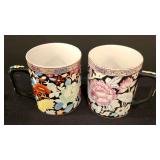 LR - Floral Vintage Chinese Porcelain Mugs, 2 Rectangular Trays & Blue Goose Figurine