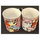 LR - Floral Vintage Chinese Porcelain Mugs, 2 Rectangular Trays & Blue Goose Figurine