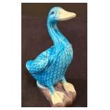 LR - Floral Vintage Chinese Porcelain Mugs, 2 Rectangular Trays & Blue Goose Figurine